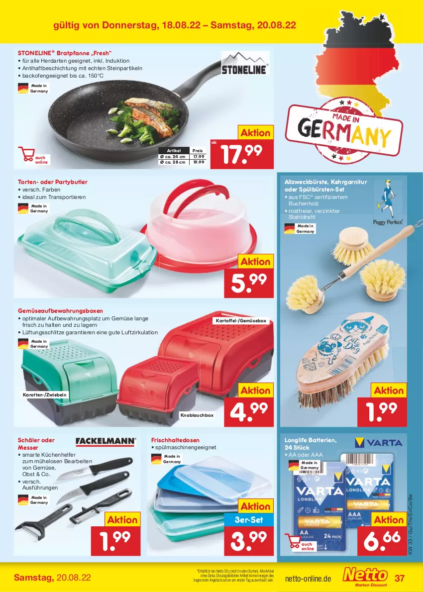 Aktueller Prospekt Netto Marken-Discount - Filial-Angebote - von 15.08 bis 20.08.2022 - strona 37 - produkty: angebot, aufbewahrungsbox, backofen, batterie, batterien, bratpfanne, buch, bürste, bürsten, Draht, eier, eis, frischhaltedosen, garnitur, Germ, herdarten, Holz, karotten, kartoffel, Kehrgarnitur, knoblauch, küche, Küchen, Küchenhelfer, longlife, messer, obst, Ofen, pfanne, reis, Sport, spülmaschinen, Ti, Tiere, torte, weck, ZTE, zwiebel, zwiebeln