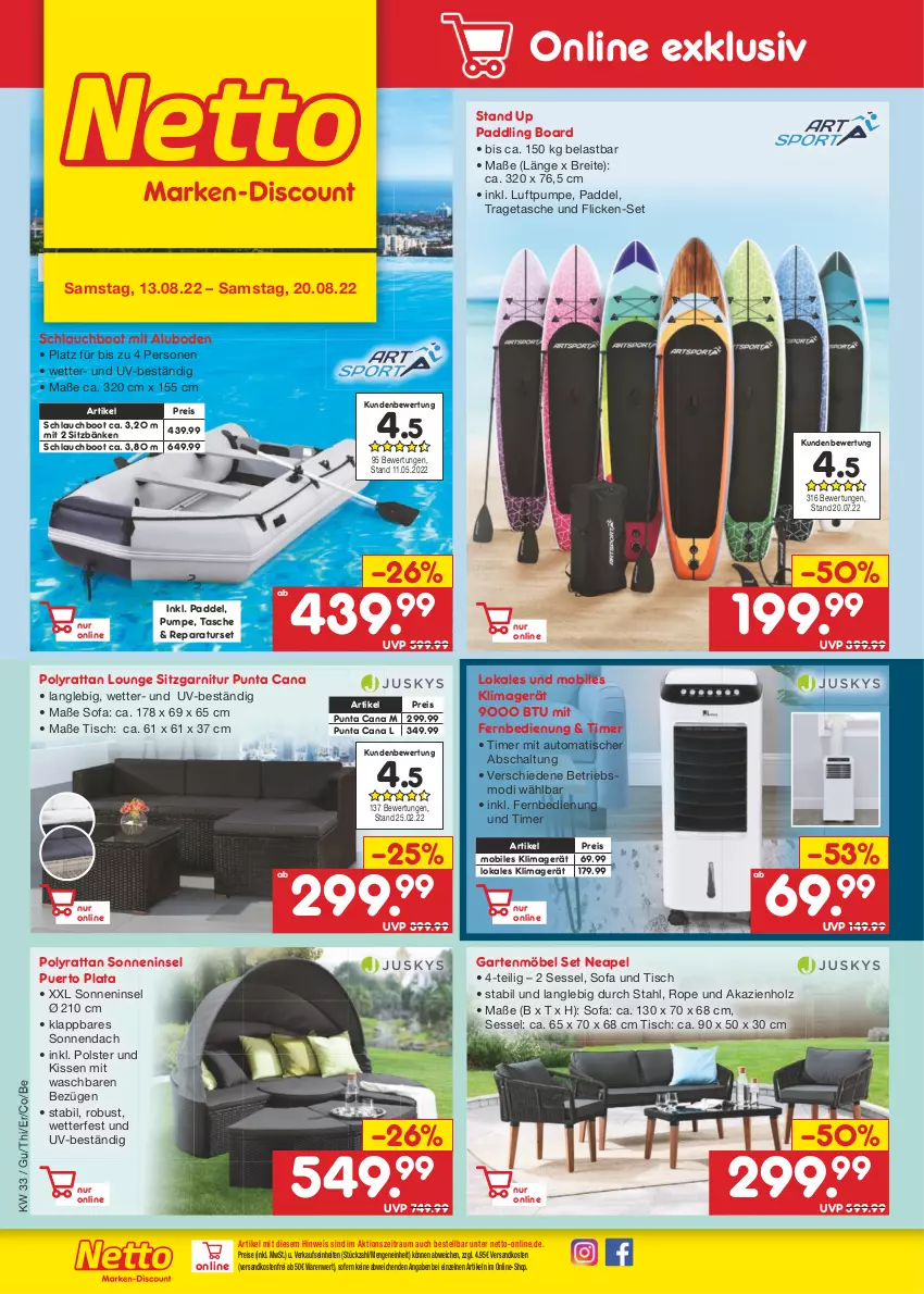 Aktueller Prospekt Netto Marken-Discount - Filial-Angebote - von 15.08 bis 20.08.2022 - strona 41 - produkty: auto, Brei, eis, fernbedienung, garnitur, Garten, gartenmöbel, Holz, kissen, klimagerät, mit fernbedienung, möbel, ndk, reis, Schal, schlauch, sessel, Sofa, Tasche, Ti, timer, tisch, tragetasche, versandkostenfrei