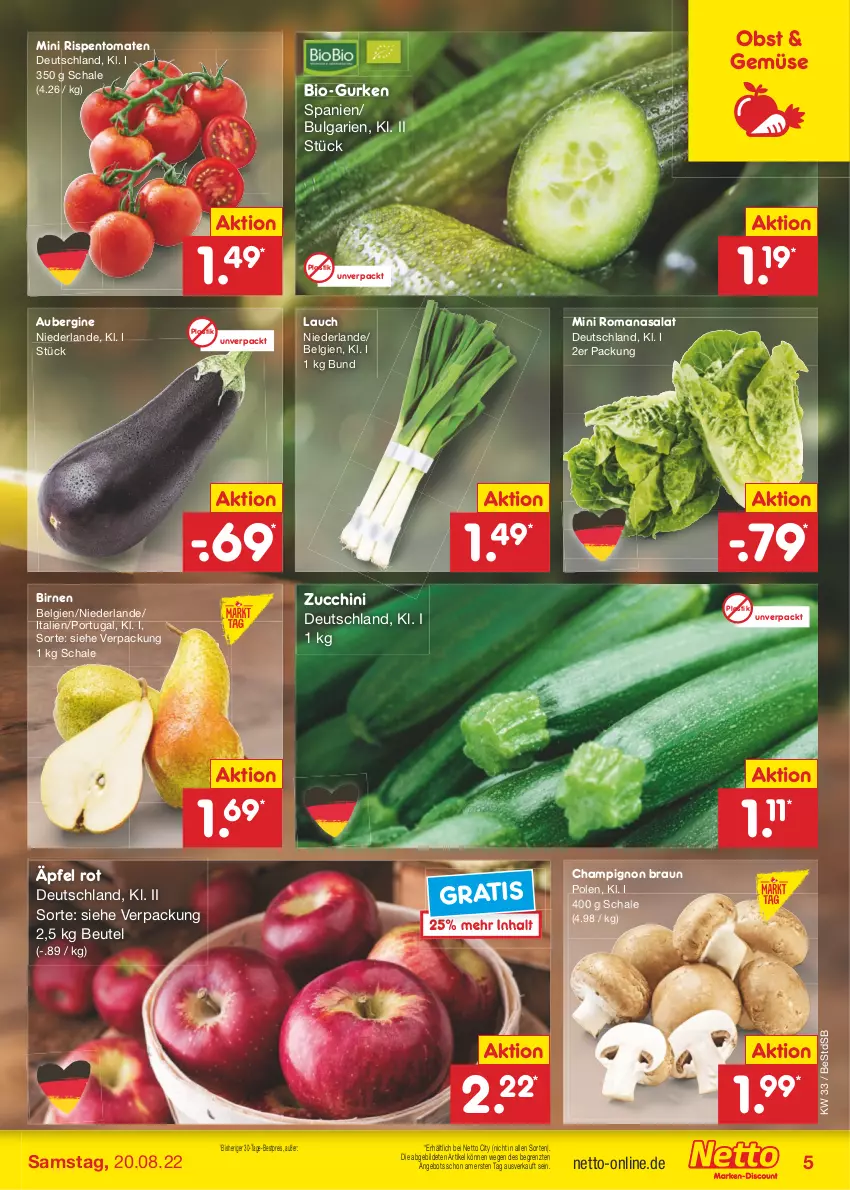 Aktueller Prospekt Netto Marken-Discount - Filial-Angebote - von 15.08 bis 20.08.2022 - strona 5 - produkty: angebot, asti, aubergine, bestpreis, beutel, bio, Birnen, braun, champignon, eis, gin, gurke, gurken, LG, obst, reis, rispentomaten, Romanasalat, salat, Schal, Schale, Ti, tomate, tomaten, ZTE, zucchini