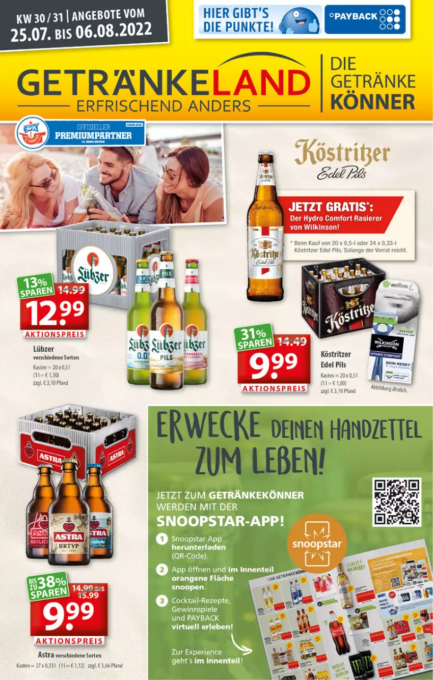 Aktueller Prospekt Getraenkeland - von 25.07 bis 06.08.2022 - strona 1 - produkty: aktionspreis, Astra, eis, Elan, köstritzer, Lübzer, pils, reis, rwe, Ti, weck, wilkinson