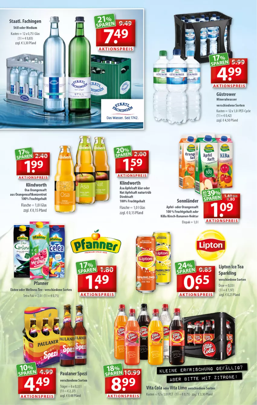 Aktueller Prospekt Getraenkeland - von 25.07 bis 06.08.2022 - strona 6 - produkty: aktionspreis, Alwa, apfel, banane, cola, eis, eistee, flasche, frucht, ice tea, kirsch, limo, lipton, lipton ice tea, mineralwasser, natur, orange, orangen, orangensaft, Paula, paulaner, reis, saft, Spezi, Staatl. Fachingen, tee, Ti, vita, Vita C, wasser, zitrone