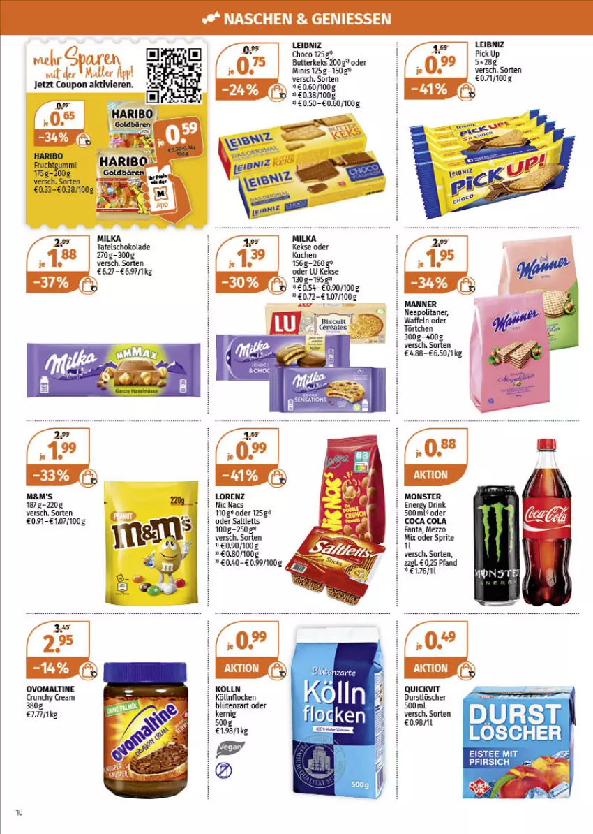 Aktueller Prospekt Mueller - Müller Prospekt - von 21.03 bis 26.03.2022 - strona 10 - produkty: butter, butterkeks, coupon, drink, durstlöscher, eis, eistee, fanta, frucht, fruchtgummi, haribo, keks, kekse, kölln, kuchen, leibniz, lorenz, Manner, milka, monster, oder sprite, pfirsich, QuickVit, schoko, schokolade, sprite, tafelschokolade, tee, Ti, Törtchen, waffeln