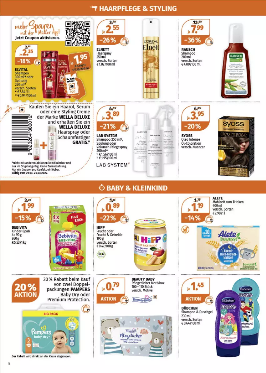 Aktueller Prospekt Mueller - Müller Prospekt - von 21.03 bis 26.03.2022 - strona 8 - produkty: coupon, creme, eis, elnett, frucht, gin, haarpflege, haarspray, hipp, Kinder, Müller, Nuance, pampers, Pflegespray, reis, rum, schaumfestiger, Serum, shampoo, shampoo 250 ml, spülung, Ti, Wella