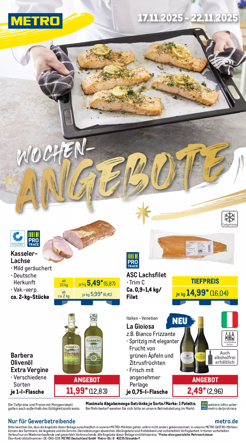 Aktueller Prospekt Metro - Wochen-Angebote - von 17.11 bis 22.11.2025 - strona 1 - produkty: abholpreise, angebot, angebote, eis, filet, flasche, frizzante, frucht, früchte, früchten, getränk, getränke, gin, ilag, kasseler, La Gioiosa, lachs, lachsfilet, Metro, metro gastro, olive, oliven, olivenöl, olivenöl extra, Palette, perla, Rauch, reis, rwe, Ti, tiefpreis