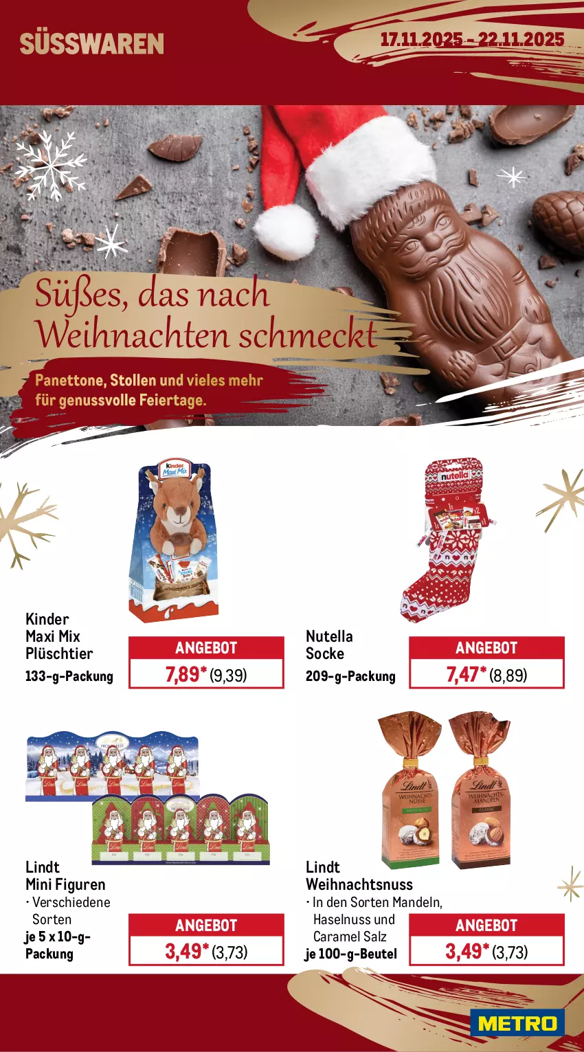 Aktueller Prospekt Metro - Wochen-Angebote - von 17.11 bis 22.11.2025 - strona 12 - produkty: angebot, Bau, beutel, brandt, caramel, Dresdner Stollen, Egger, eier, haselnuss, kaffee, Kinder, Kinder Maxi, lindt, mandel, mandeln, marzipan, nuss, nutella, Plüsch, Profiteroles, salz, schoko, schokolade, schokoladen, Spezi, Stollen, süsswaren, Ti, weihnachten