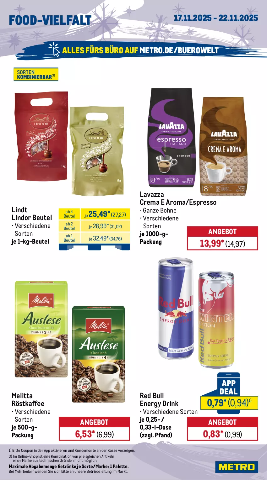 Aktueller Prospekt Metro - Wochen-Angebote - von 17.11 bis 22.11.2025 - strona 14 - produkty: Alwa, angebot, beutel, bohne, coupon, drink, eis, energy drink, espresso, Fernet, fernet branca, flasche, gerolsteine, gerolsteiner, getränk, getränke, heineken, kaffee, lavazza, lindor, lindt, melitta, Metro, mineralwasser, Palette, red bull, reis, röstkaffee, Spaten, steiner, Ti, wasser