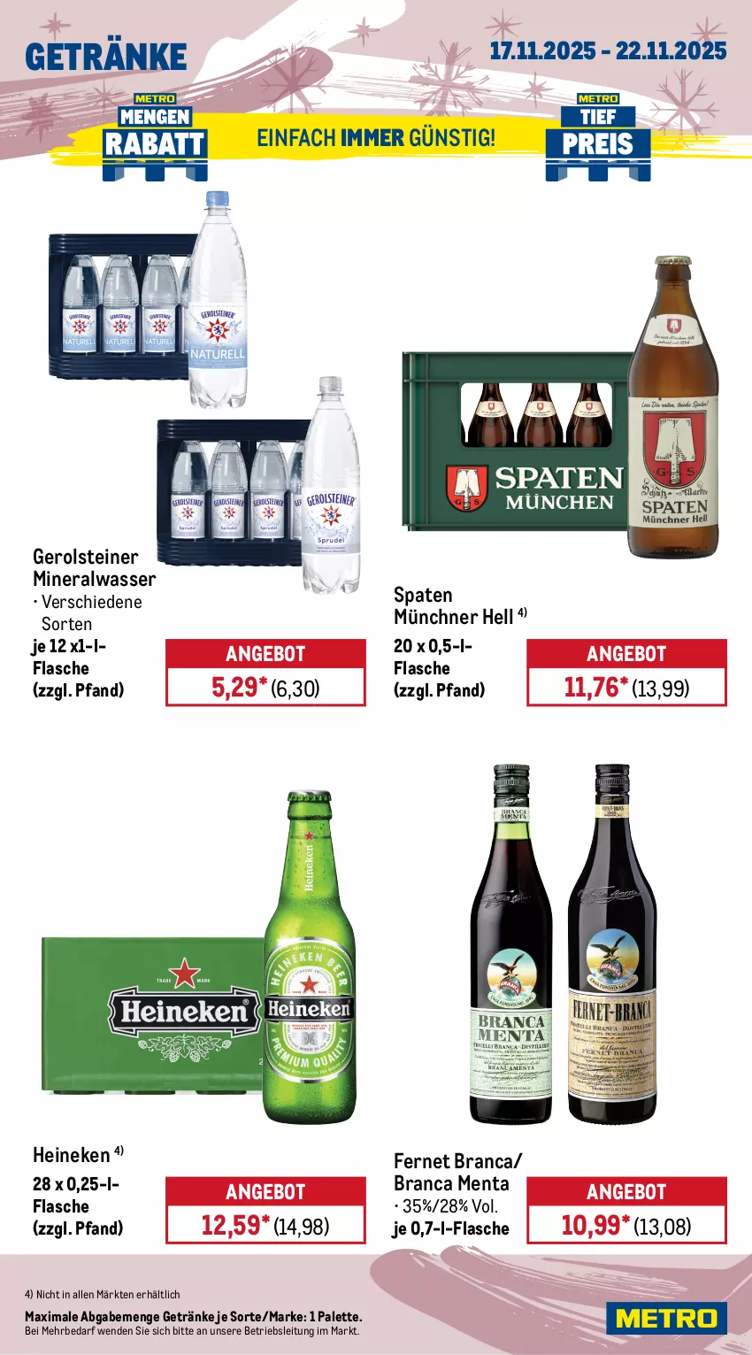 Aktueller Prospekt Metro - Wochen-Angebote - von 17.11 bis 22.11.2025 - strona 15 - produkty: Alwa, angebot, beutel, bohne, coupon, drink, eis, energy drink, espresso, Fernet, fernet branca, flasche, gerolsteine, gerolsteiner, getränk, getränke, heineken, kaffee, lavazza, lindor, lindt, melitta, Metro, mineralwasser, Palette, red bull, reis, röstkaffee, Spaten, steiner, Ti, wasser