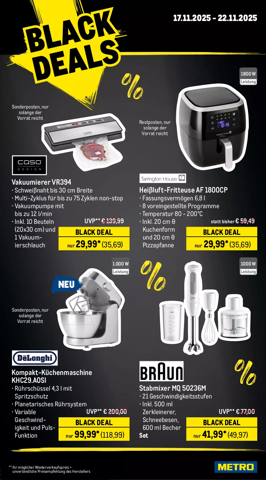 Aktueller Prospekt Metro - Wochen-Angebote - von 17.11 bis 22.11.2025 - strona 20 - produkty: auto, Becher, beutel, Brei, edelstahl, eis, elle, fritteuse, getränk, getränke, kaffee, kaffeemaschine, Kocher, küche, Küchen, kuchen, küchenmaschine, lack, leine, Mixer, pfanne, pizza, reis, Ria, Rührschüssel, schlauch, Schneebesen, schüssel, sonderposten, Spritzschutz, stabmixer, tasse, teller, Ti, toast, toaster, Vakuumierer, wasser, wasserkocher, Zerkleinerer