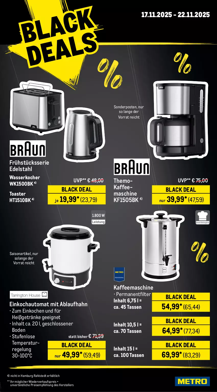 Aktueller Prospekt Metro - Wochen-Angebote - von 17.11 bis 22.11.2025 - strona 21 - produkty: auto, Becher, beutel, Brei, edelstahl, eis, elle, fritteuse, getränk, getränke, kaffee, kaffeemaschine, Kocher, küche, Küchen, kuchen, küchenmaschine, lack, leine, Mixer, pfanne, pizza, reis, Ria, Rührschüssel, schlauch, Schneebesen, schüssel, sonderposten, Spritzschutz, stabmixer, tasse, teller, Ti, toast, toaster, Vakuumierer, wasser, wasserkocher, Zerkleinerer