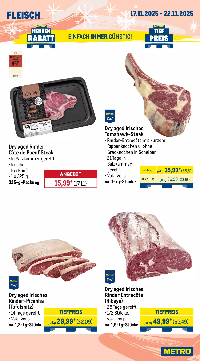 Aktueller Prospekt Metro - Wochen-Angebote - von 17.11 bis 22.11.2025 - strona 4 - produkty: Abtei, angebot, angebote, aqua, backfisch, eis, entrecôte, filet, fisch, fleisch, frischfisch, Metro, reis, rind, rinder, Rippen, Rotbarsch, rotbarschfilet, Saibling, salz, Schal, Schale, steak, steaks, tafelspitz, thunfisch, Ti, tiefpreis, Wild