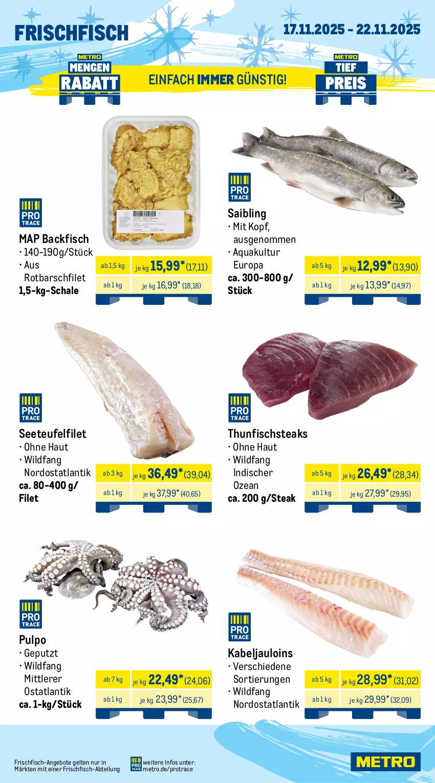 Aktueller Prospekt Metro - Wochen-Angebote - von 17.11 bis 22.11.2025 - strona 5 - produkty: Abtei, angebot, angebote, aqua, backfisch, eis, entrecôte, filet, fisch, fleisch, frischfisch, Metro, reis, rind, rinder, Rippen, Rotbarsch, rotbarschfilet, Saibling, salz, Schal, Schale, steak, steaks, tafelspitz, thunfisch, Ti, tiefpreis, Wild