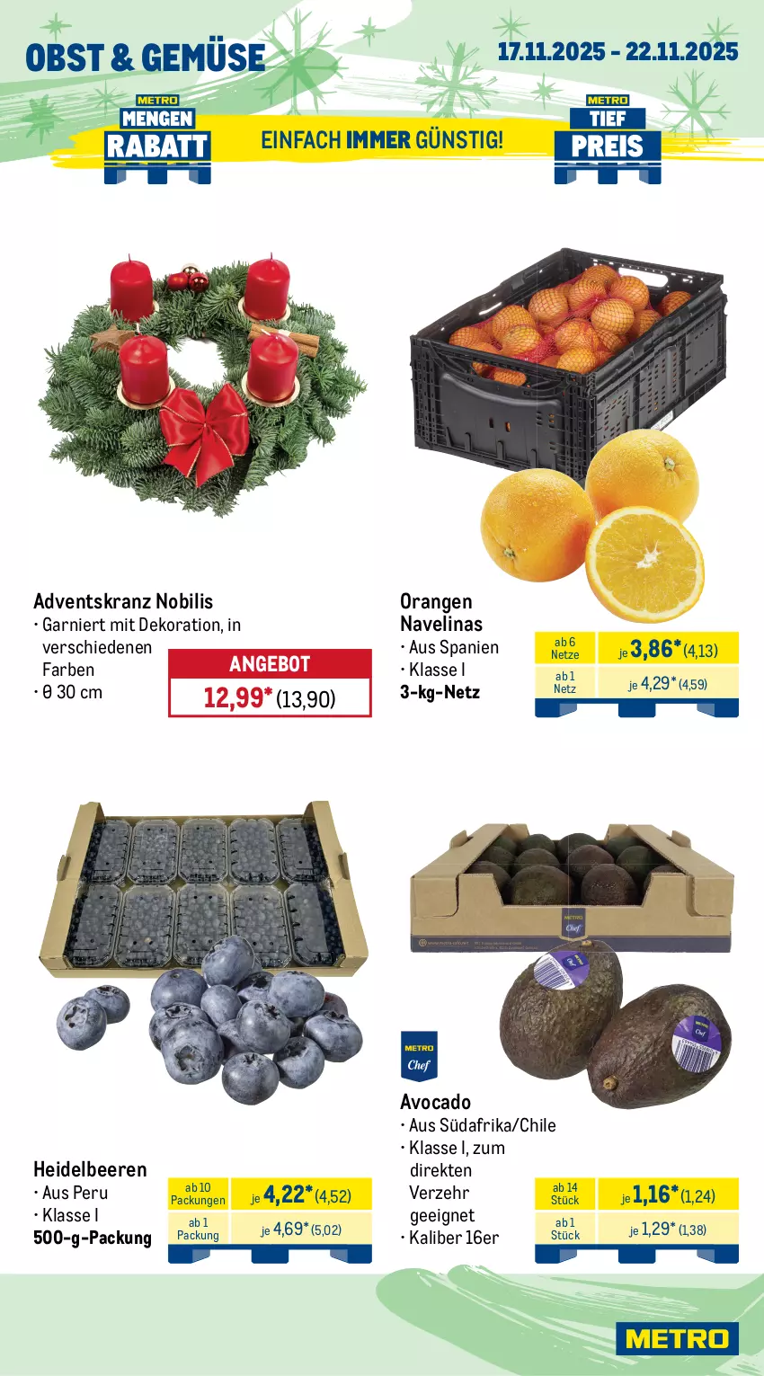 Aktueller Prospekt Metro - Wochen-Angebote - von 17.11 bis 22.11.2025 - strona 7 - produkty: Adventskranz, angebot, aqua, avocado, Becher, beere, beeren, beutel, dekoration, eis, elinas, fisch, fische, Fischer, frischfisch, garnelen, garnier, heidelbeere, heidelbeeren, Kranz, krone, lack, matjes, Metro, navelina, obst, orange, orangen, reis, Schal, Schale, Schere, Ti, tiefpreis