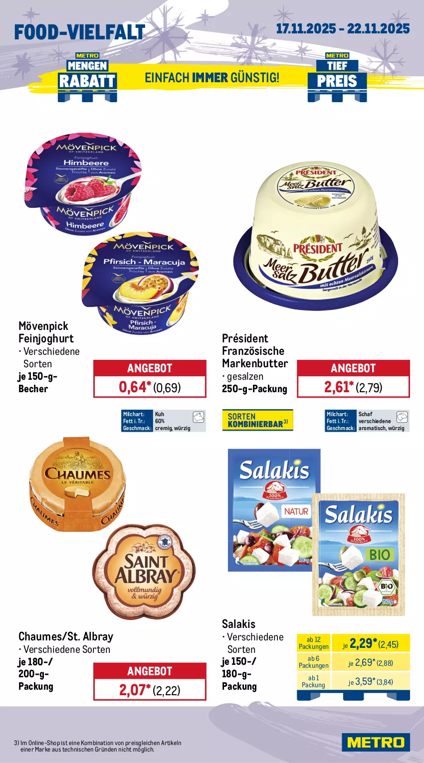 Aktueller Prospekt Metro - Wochen-Angebote - von 17.11 bis 22.11.2025 - strona 9 - produkty: albray, angebot, Becher, beutel, butter, chaumes, cocktail, eis, feinjoghurt, joghur, joghurt, Lauchzwiebel, lauchzwiebeln, mac, markenbutter, milch, mövenpick, obst, paprika, paprika rot, reis, rispentomaten, salakis, salz, St. Albray, Ti, tiefpreis, tisch, tomate, tomaten, zwiebel, zwiebeln