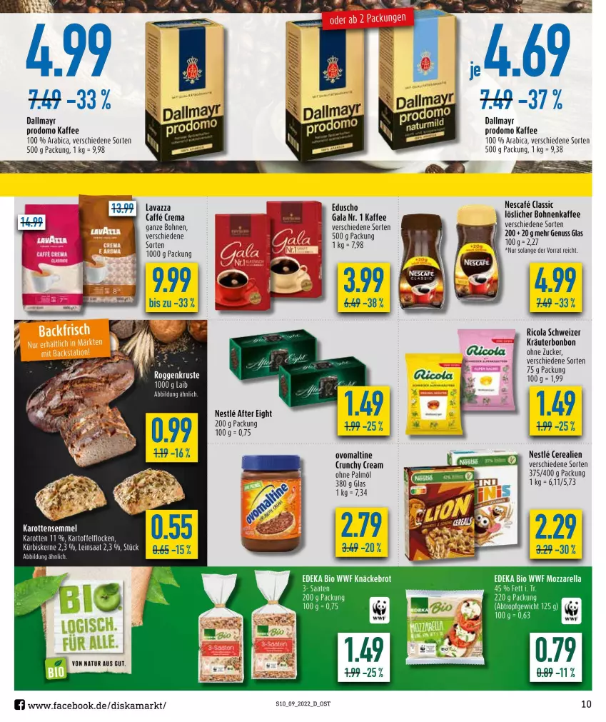 Aktueller Prospekt Diska - Prospekte - von 28.02 bis 05.03.2022 - strona 10 - produkty: after eight, bio, bohne, bohnen, bohnenkaffee, brot, caffe, cerealien, cola, dallmayr, dallmayr prodomo, deka, edeka bio, eis, kaffee, knäckebrot, kräuter, LG, löslicher bohnenkaffee, mozzarella, natur, nescafe, nuss, ohne palmöl, ovomaltine, prodomo, rel, Ricola, Ti, zucker