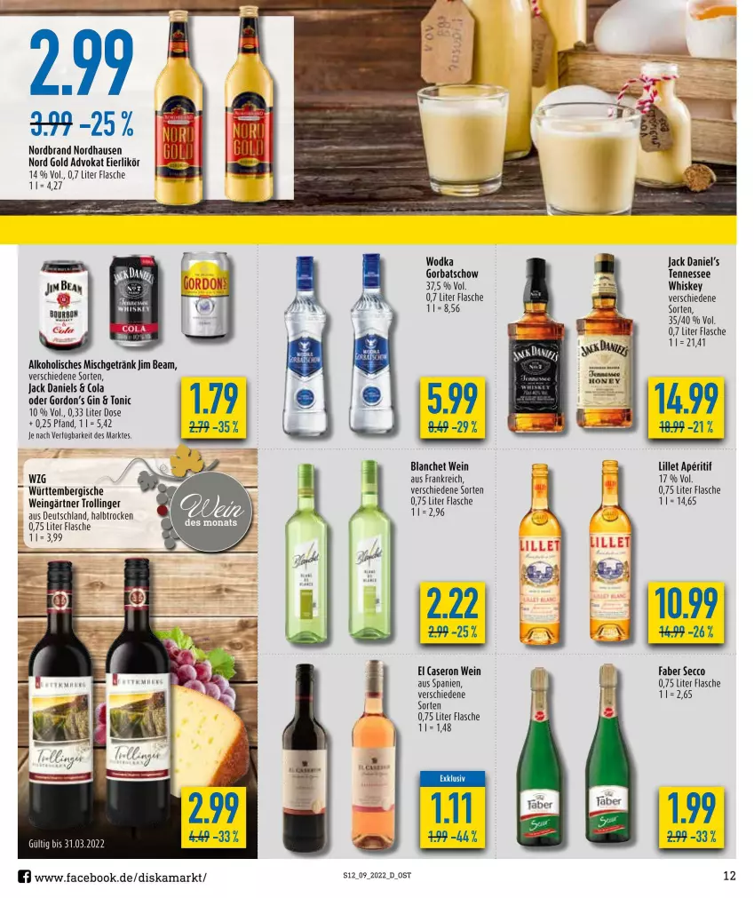 Aktueller Prospekt Diska - Prospekte - von 28.02 bis 05.03.2022 - strona 12 - produkty: alkohol, aperitif, cola, ecco, eier, eierlikör, flasche, getränk, gin, Gorbatschow, gordon, Gordon’s, jack daniel, jack daniel's, jack daniels, jim beam, likör, lillet, nordbrand, tennessee whiskey, Ti, tonic, trolli, trollinger, wein, whiskey, wodka