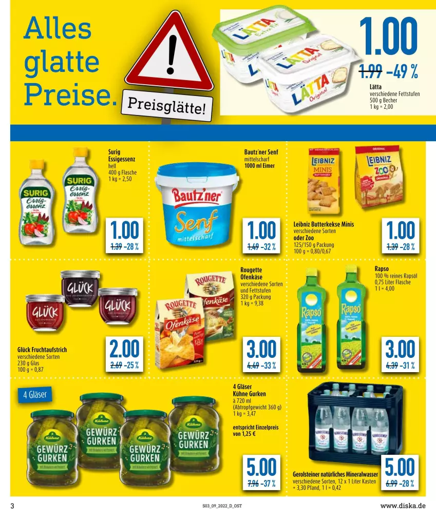 Aktueller Prospekt Diska - Prospekte - von 28.02 bis 05.03.2022 - strona 3 - produkty: Alwa, aufstrich, Bau, Becher, butter, butterkeks, eimer, eis, essig, flasche, frucht, fruchtaufstrich, gerolsteine, gerolsteiner, Gläser, gurke, gurken, Käse, keks, kekse, Kühne, lätta, leibniz, mineralwasser, natürliches mineralwasser, Ofen, Ofenkäse, rapso, rapsöl, reines rapsöl, reis, rouge, rougette, senf, steiner, wasser