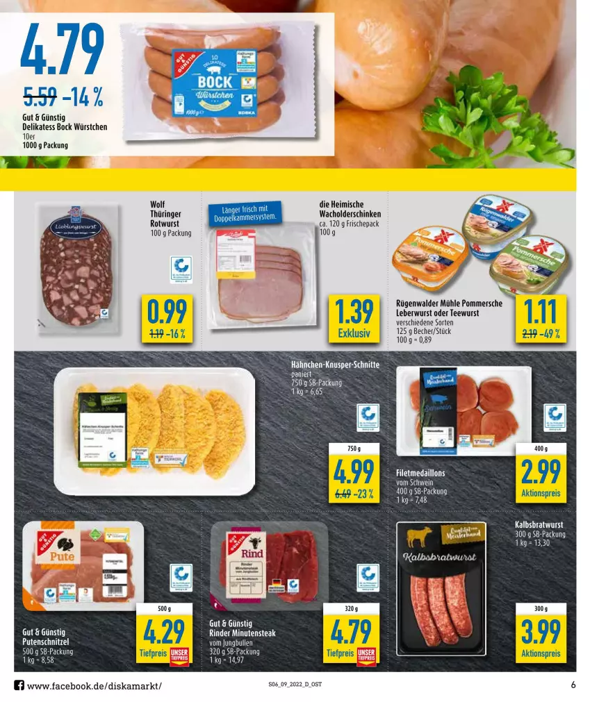 Aktueller Prospekt Diska - Prospekte - von 28.02 bis 05.03.2022 - strona 6 - produkty: aktionspreis, Becher, bratwurst, eier, eis, filet, Kalbsbratwurst, leberwurst, medaillons, Pommersche, pute, putenschnitzel, reis, rind, rinder, ring, Rotwurst, rügenwalder, rügenwalder mühle, schinken, schnitzel, steak, tee, teewurst, Ti, tiefpreis, wurst, würstchen