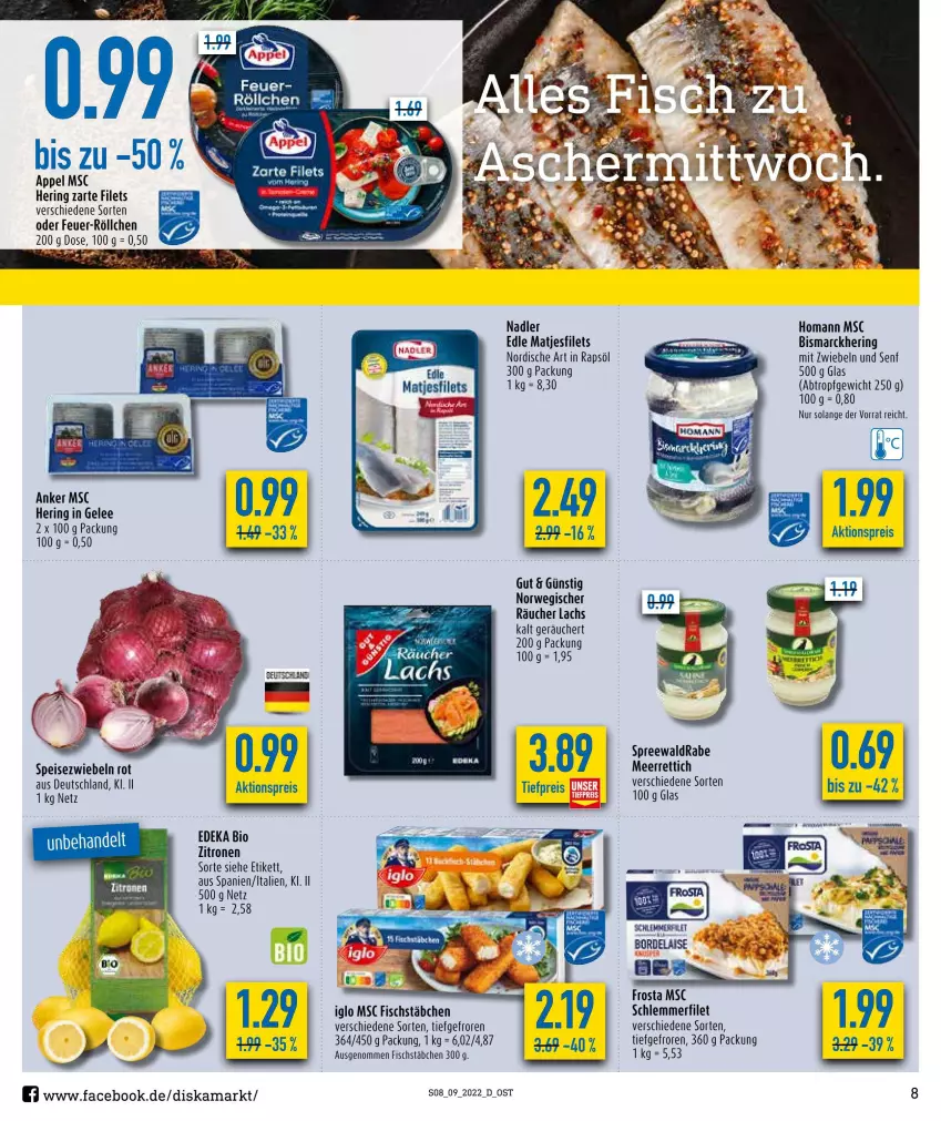 Aktueller Prospekt Diska - Prospekte - von 28.02 bis 05.03.2022 - strona 8 - produkty: aktionspreis, bio, bismarck, deka, edeka bio, eis, filet, filets, fisch, fischstäbchen, frosta, gelee, hering, homann, iglo, lachs, matjes, Matjesfilet, matjesfilets, meerrettich, mit zwiebeln, nadler, rapsöl, reis, Rettich, ring, rwe, schlemmerfilet, senf, Speisezwiebeln, Ti, tiefpreis, zwiebel, zwiebeln