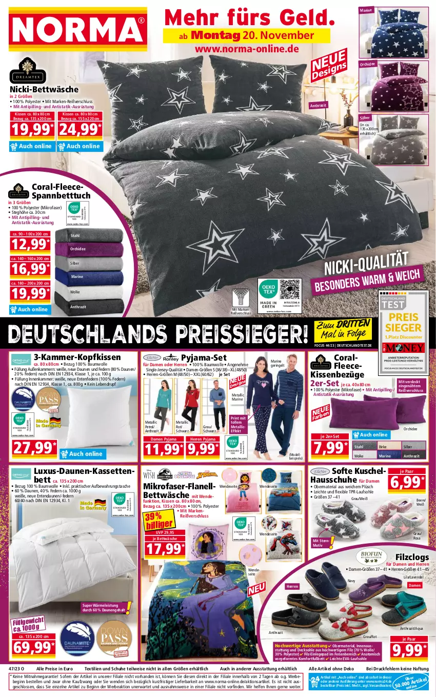 Aktueller Prospekt Norma - Norma - von 20.11 bis 27.11.2023 - strona 1 - produkty: aqua, aufbewahrungstasche, Bau, baumwolle, Bebe, beere, bett, Betttuch, bettwäsche, Clogs, Coral, daunen und federn, decksohle, dell, eis, elle, ente, erde, gin, Hausschuhe, kissen, kopfkissen, lavendel, LG, mikrofaser, Mode, ndk, orchidee, Plüsch, Pyjama, reis, reiss, Ria, ring, schuhe, spannbetttuch, Spiele, Tasche, Ti, Tipi, tisch, tuc, wolle