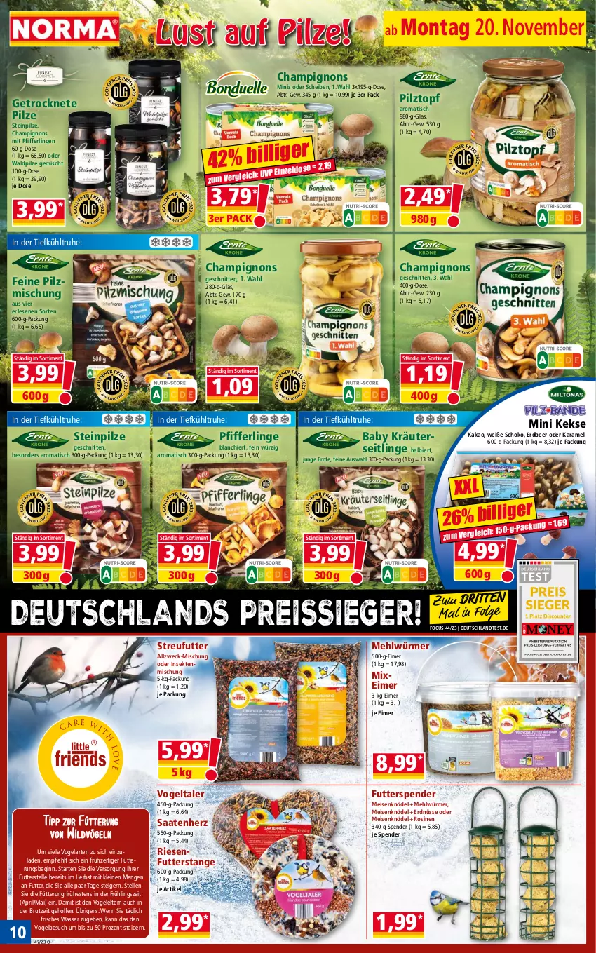 Aktueller Prospekt Norma - Norma - von 20.11 bis 27.11.2023 - strona 10 - produkty: bier, brut, champignon, champignons, eimer, eis, elle, erdnüsse, gin, kakao, karamell, keks, kekse, Knödel, kräuter, Kräuterseitlinge, leine, LG, mehl, Meisenknödel, Pfifferlinge, pilze, Pilzmischung, pril, reis, reiss, schnitten, schoko, sekt, senf, Steinpilze, Streufutter, Ti, tisch, topf, wasser, weck, Wild