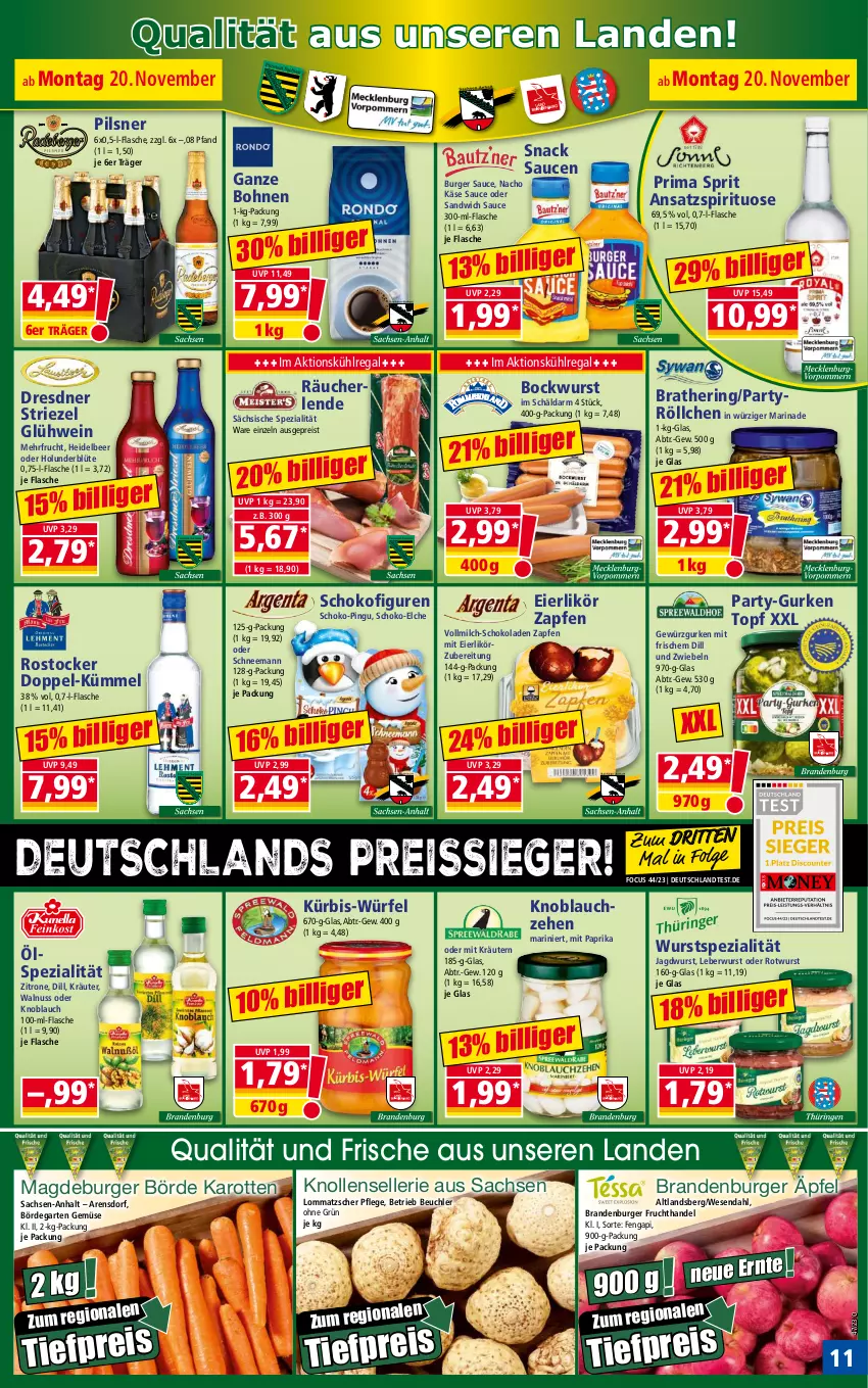 Aktueller Prospekt Norma - Norma - von 20.11 bis 27.11.2023 - strona 11 - produkty: Blüte, bockwurst, bohne, bohnen, Brandenburger äpfel, burger, Burger Sauce, eier, eierlikör, eis, elle, flasche, frucht, Garten, gewürz, Gewürzgurke, gewürzgurken, Glühwein, gurke, gurken, hering, holunder, holunderblüte, HP, jagdwurst, karotten, Käse, knoblauch, kräuter, kräutern, kühlregal, Kürbis, leberwurst, LG, likör, marinade, milch, mit paprika, nacho, nuss, paprika, pils, pilsner, regal, reis, reiss, ring, Rostocker, Rotwurst, sac, sandwich, sauce, saucen, schoko, schokolade, schokoladen, snack, Spezi, Ti, tiefpreis, topf, vollmilch, walnuss, wein, würfel, wurst, zitrone, zwiebel, zwiebeln