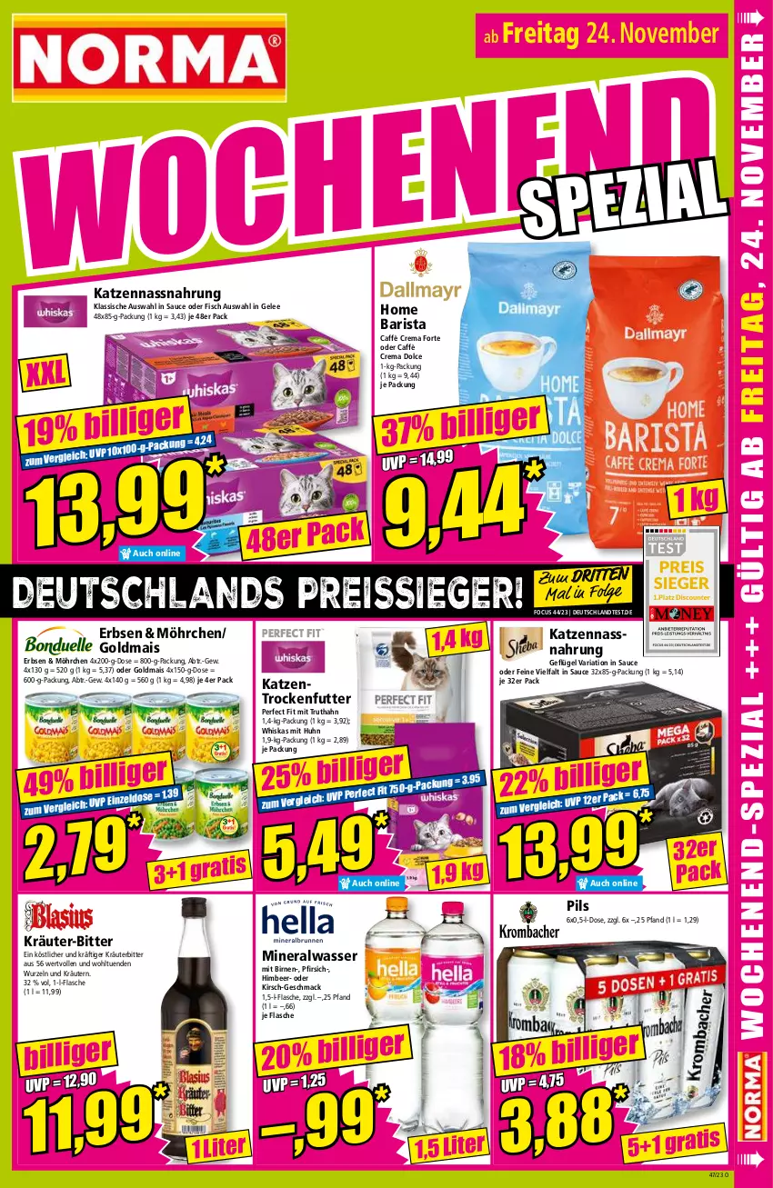 Aktueller Prospekt Norma - Norma - von 20.11 bis 27.11.2023 - strona 15 - produkty: Alwa, Birnen, caffè crema, eis, erbsen, fisch, flasche, Geflügel, gelee, Goldmais, himbeer, Katzentrockenfutter, kirsch, kräuter, kräutern, LG, mac, mais, mineralwasser, Nassnahrung, Perfect Fit, pfirsich, pils, reis, reiss, Ria, sauce, Ti, trockenfutter, truthahn, wasser, whiskas