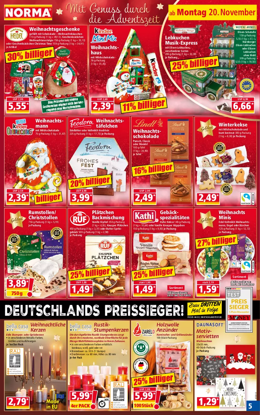 Aktueller Prospekt Norma - Norma - von 20.11 bis 27.11.2023 - strona 5 - produkty: anzünder, auer, backmischung, Berger, butter, eis, Engel, grill, grillanzünder, hafer, Holz, Kamin, Kaminofen, keks, kekse, kerze, kuchen, Lätzche, Lebkuchen, LG, mandel, mehl, messer, milch, Mode, nürnberger, nuss, Ofen, reis, reiss, rum, schoko, schokolade, Serviette, servietten, Spezi, Spritzgebäck, Stollen, Ti, vanille, vollmilch, weihnachten, wolle