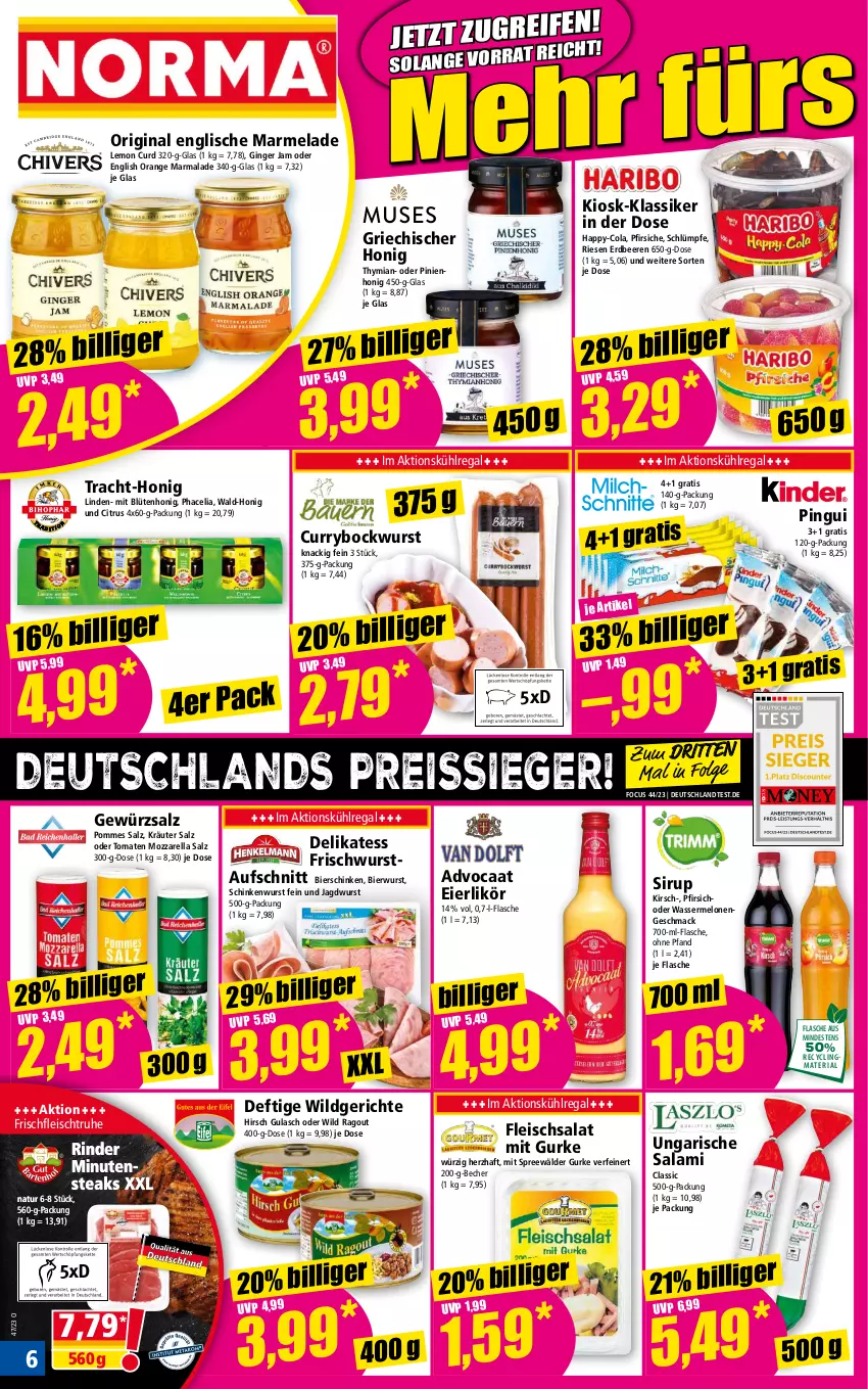 Aktueller Prospekt Norma - Norma - von 20.11 bis 27.11.2023 - strona 6 - produkty: aufschnitt, Becher, beere, beeren, bier, bierschinken, Blüte, blütenhonig, bockwurst, citrus, Clin, cola, curry, eier, eierlikör, eis, erdbeere, erdbeeren, flasche, fleisch, fleischsalat, gewürz, gewürzsalz, gin, ginger, gulasch, gurke, honig, jagdwurst, kirsch, kräuter, kühlregal, LG, likör, mac, marmelade, melone, melonen, mozzarella, natur, orange, pfirsich, pfirsiche, pingui, pommes, Ragout, recyclingmaterial, regal, reis, reiss, rel, Ria, rind, rinder, salami, salat, salz, schinken, schinkenwurst, sirup, spreewälder, steak, steaks, Ti, tomate, tomaten, Ungarische Salami, wasser, wassermelone, wassermelonen, Wild, wurst