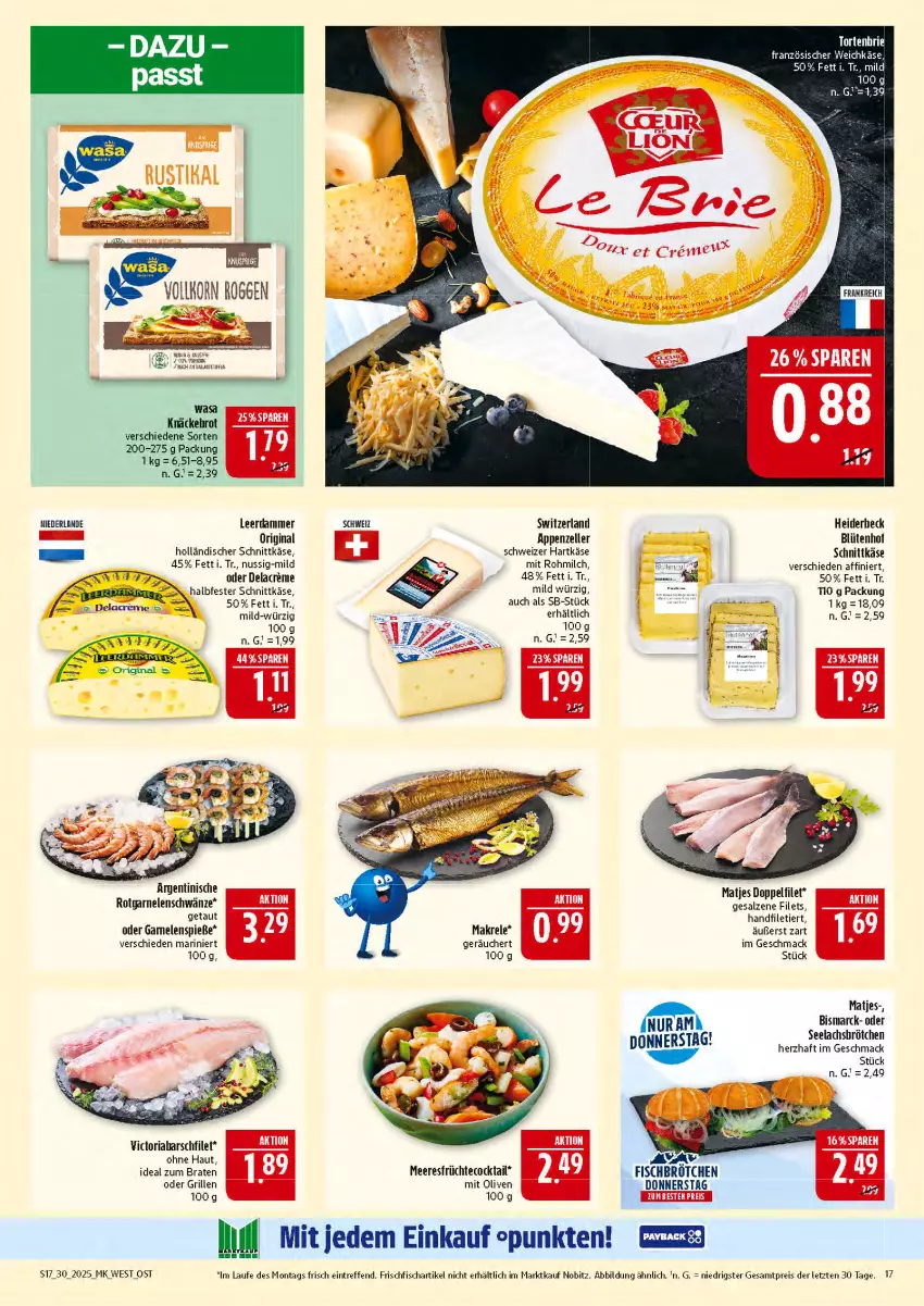 Aktueller Prospekt Marktkauf - Prospekt - von 20.07 bis 26.07.2025 - strona 17 - produkty: appenzeller, bismarck, Blüte, braten, brot, cocktail, creme, eis, elle, filet, filets, fisch, französischer weichkäse, frischfisch, früchte, garnelen, gin, grill, halbfester schnittkäse, hartkäse, holländischer schnittkäse, ideal zum braten, Käse, korn, lachs, leerdammer, mac, Makrele, matjes, meeresfrüchte, milch, nuss, olive, oliven, reis, rel, Ria, salz, schnittkäse, schweizer hartkäse, Ti, wasa, weichkäse, ZTE