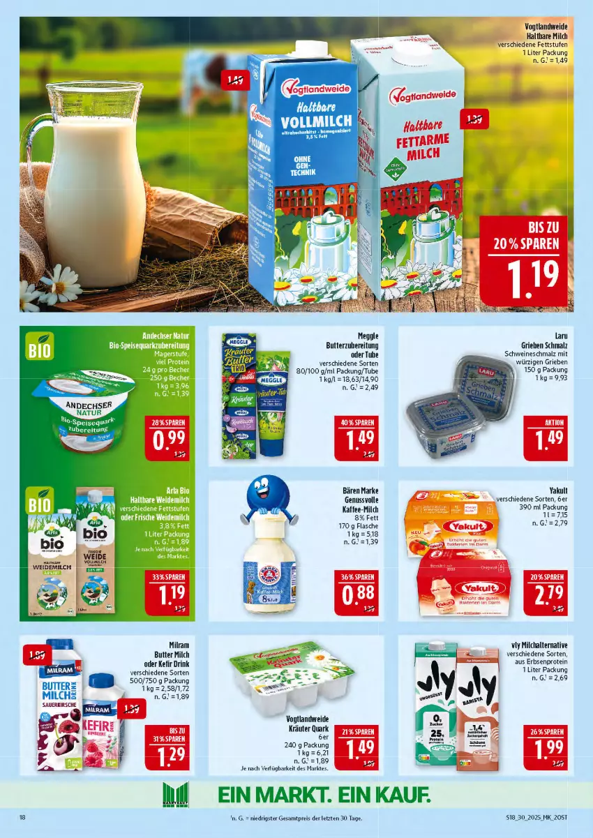 Aktueller Prospekt Marktkauf - Prospekt - von 20.07 bis 26.07.2025 - strona 18 - produkty: auer, bio, butter, drink, eis, erbsen, flasche, haltbare milch, kaffee, Kefir, kirsch, kirsche, kräuter, malz, meggle, milch, milram, natur, nuss, quark, reis, Schmalz, schwein, schweine, speisequark, Ti, wein, weine, ZTE