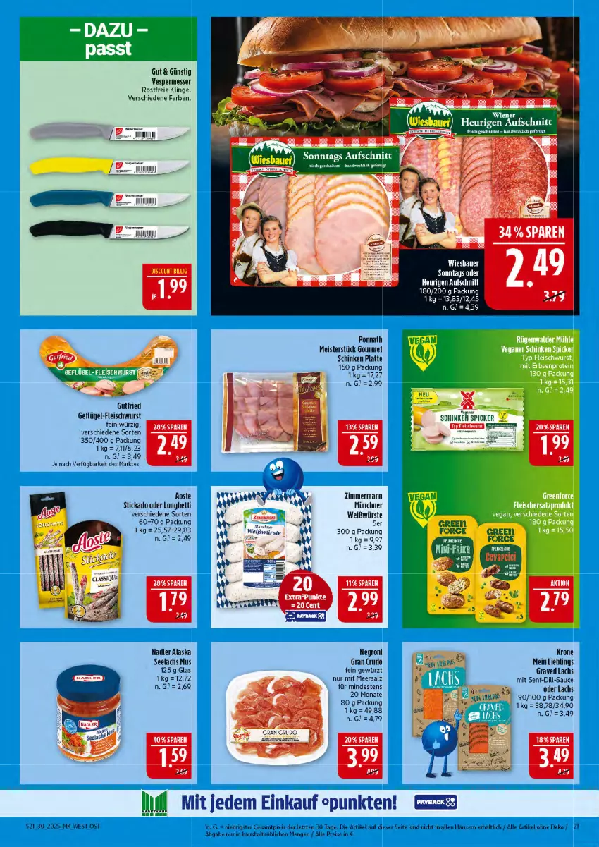 Aktueller Prospekt Marktkauf - Prospekt - von 20.07 bis 26.07.2025 - strona 21 - produkty: auer, eis, fleisch, fleischwurst, Geflügel, Geflügel-Fleischwurst, gewürz, gutfried, krone, lachs, latte, meersalz, Meister, messer, ponnath, reis, salz, sauce, schinken, schinken spicker, senf, stickado, Ti, wurst, ZTE