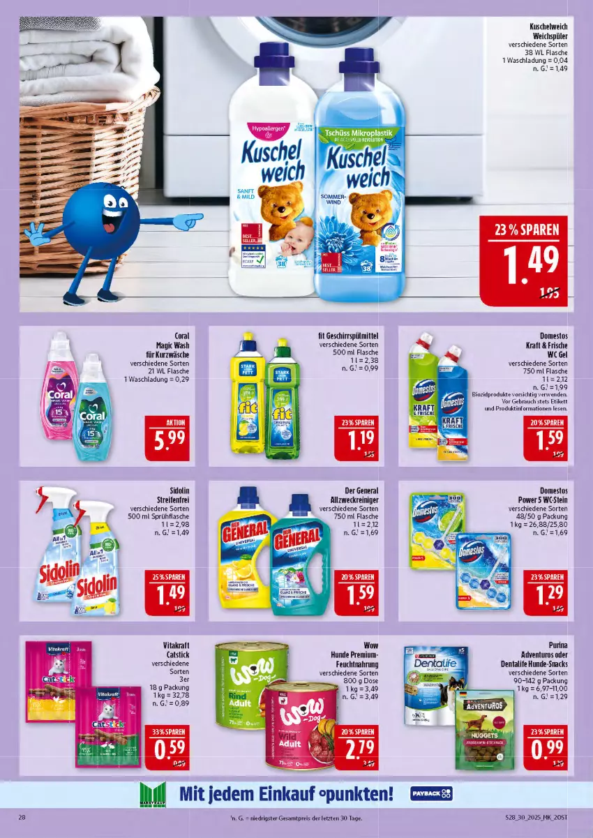 Aktueller Prospekt Marktkauf - Prospekt - von 20.07 bis 26.07.2025 - strona 28 - produkty: adventuros, allzweckreiniger, bio, biozidprodukte, Coral, domestos, eis, flasche, geschirr, geschirrspülmittel, kraft, Kuschelweich, purina, Rauch, reifen, reiniger, reis, rwe, sidolin, snack, snacks, sprühflasche, spülmittel, Ti, vita, vitakraft, weck, weichspüler, ZTE