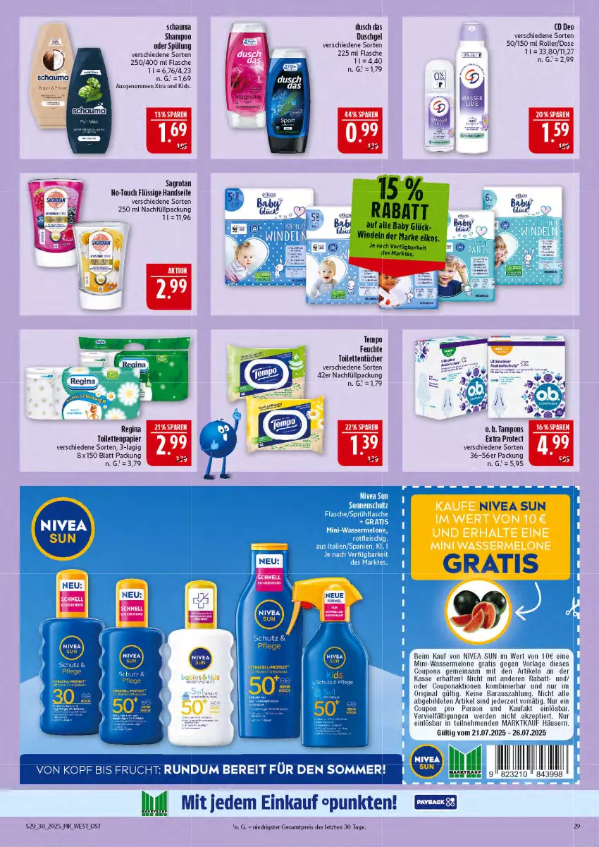 Aktueller Prospekt Marktkauf - Prospekt - von 20.07 bis 26.07.2025 - strona 29 - produkty: coupon, coupons, deo, duschgel, eis, erde, flasche, gin, Handseife, melone, nivea, nivea sun, papier, reis, Roller, schauma, Seife, shampoo, spülung, Tampon, tampons, Tempo, Ti, toilettenpapier, toilettentücher, tücher, wasser, wassermelone, ZTE