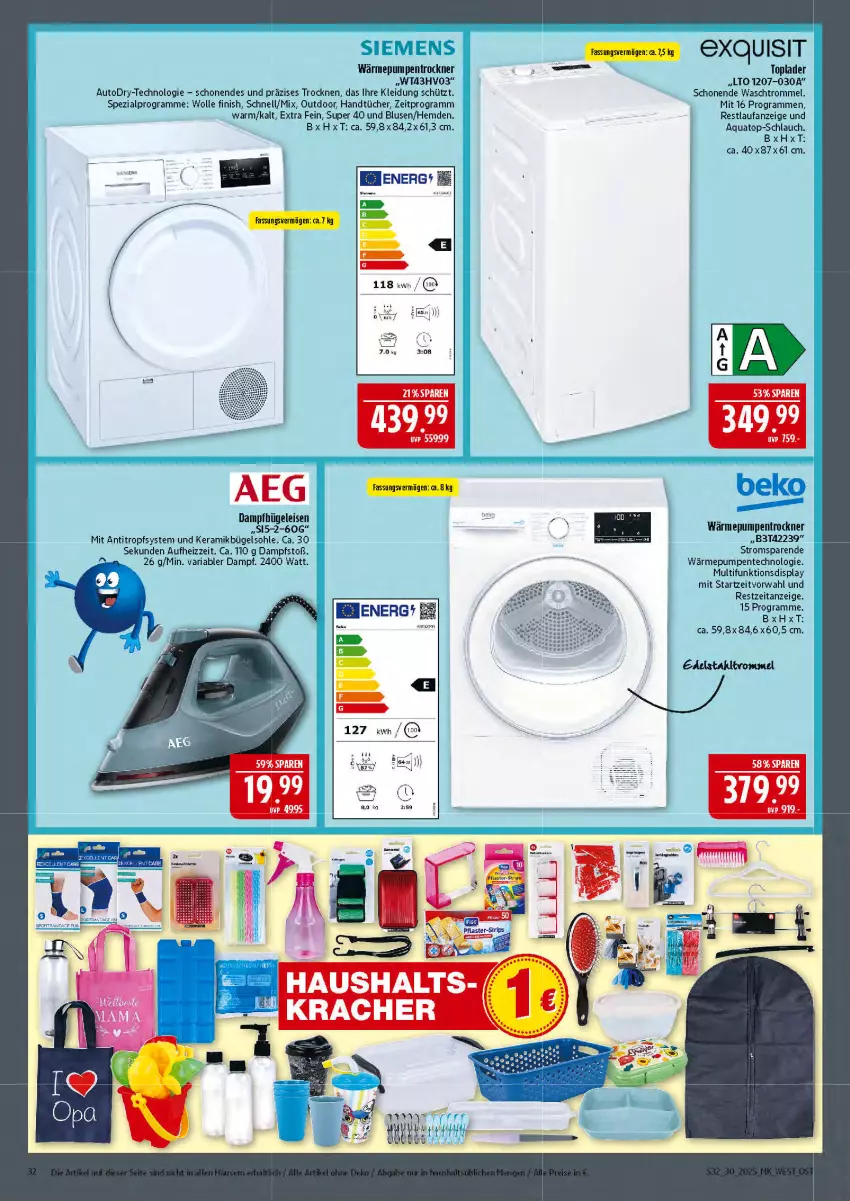 Aktueller Prospekt Marktkauf - Prospekt - von 20.07 bis 26.07.2025 - strona 32 - produkty: alpro, aqua, auto, beko, bluse, bügel, ente, Finish, handtücher, hemd, hemden, kleid, Kleidung, pflaster, Ria, schlauch, Spezi, Ti, Toplader, Trockner, trommel, tücher, wärmepumpentrockner, wolle