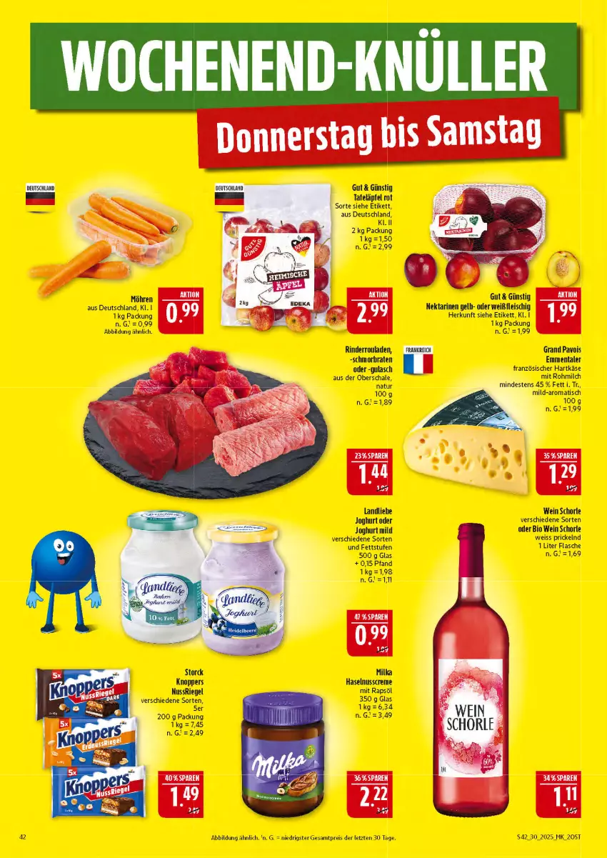 Aktueller Prospekt Marktkauf - Prospekt - von 20.07 bis 26.07.2025 - strona 42 - produkty: bio, braten, creme, eis, emmentaler, flasche, fleisch, gulasch, hartkäse, haselnuss, Haselnusscreme, joghur, joghurt, joghurt mild, Käse, knoppers, landliebe, landliebe joghurt, milch, milka, möhren, natur, Nektar, nektarinen, nuss, nussriegel, rapsöl, reis, riegel, rind, rinder, Rinderroulade, rinderrouladen, rouladen, Schal, Schale, schmorbraten, schorle, storck, tafeläpfel, Ti, tisch, wein, ZTE