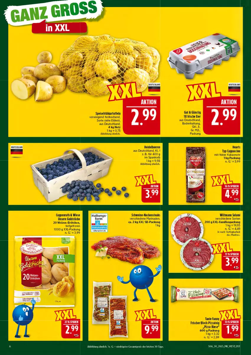Aktueller Prospekt Marktkauf - Prospekt - von 20.07 bis 26.07.2025 - strona 6 - produkty: brötchen, Cap, cappuccino, cin, coppenrath, eier, eis, Frühkartoffeln, Goldstücke, kakao, kartoffel, kartoffeln, korb, marinade, Nackensteak, nackensteaks, pizza, Pizzateig, salami, schwein, schweine, speisefrühkartoffeln, steak, steaks, tante fanny, Ti, wein, weine, wiltmann, xxl-packung