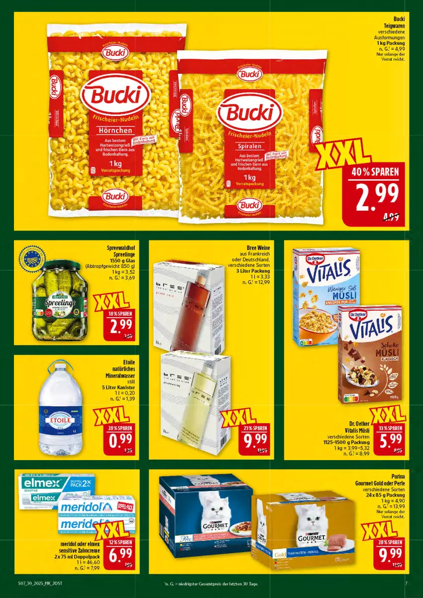Aktueller Prospekt Marktkauf - Prospekt - von 20.07 bis 26.07.2025 - strona 7 - produkty: Alwa, bree, creme, Dr. Oetker, eier, elmex, gourmet gold, hartweizen, hörnchen, meridol, mineralwasser, Mineralwasser Still, müsli, natürliches mineralwasser, purina, teigwaren, Ti, vita, vitalis, vitalis müsli, wasser, wein, weine, zahncreme