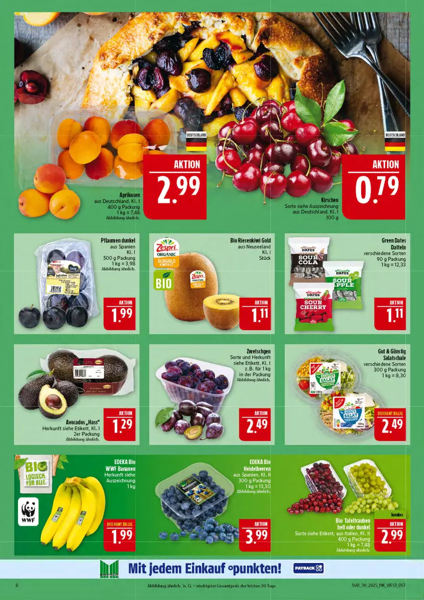 Aktueller Prospekt Marktkauf - Prospekt - von 20.07 bis 26.07.2025 - strona 8 - produkty: aprikose, aprikosen, avocado, avocados, bio, Datteln, discount, eis, Elan, kirsch, kirsche, kirschen, kiwi, Kiwi Gold, pflaume, pflaumen, reis, salat, Schal, Schale, Ti, ZTE