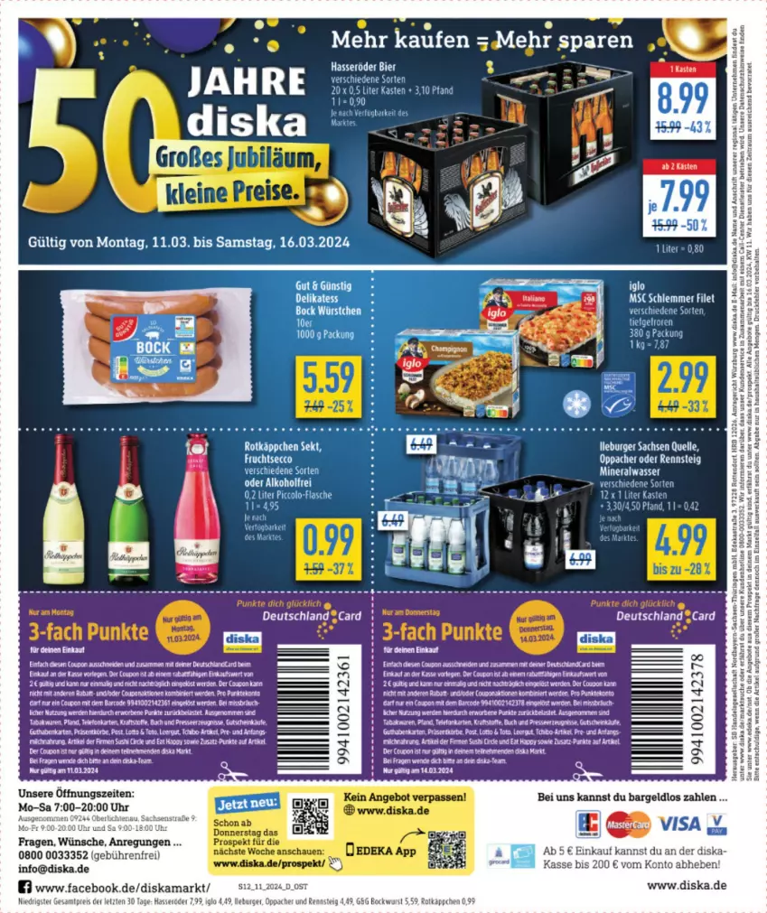 Aktueller Prospekt Diska - von 11.03 bis 16.03.2024 - strona 12 - produkty: alkohol, Alwa, angebot, angebote, Astra, axe, bockwurst, burger, coupon, deka, eier, eis, ente, erde, filet, flasche, hasseröder, iglo, Kette, mineralwasser, reis, ring, rotkäppchen, sac, sekt, Tchibo, Ti, uhr, wasser, wurst, ZTE