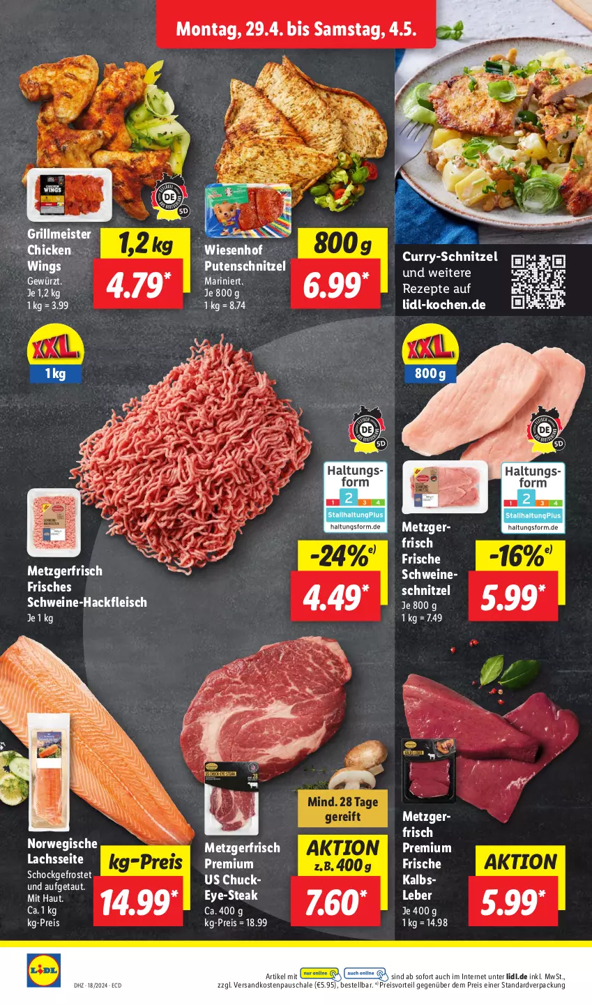 Aktueller Prospekt Lidl - Aktionsprospekt - von 29.04 bis 04.05.2024 - strona 10 - produkty: chicken wings, curry, eis, fleisch, gewürz, grill, hackfleisch, Kalbsleber, lachs, Meister, ndk, preisvorteil, pute, putenschnitzel, reis, rezept, rezepte, rwe, Schal, Schale, schnitzel, schwein, schweine, schweineschnitzel, steak, Ti, wein, weine, wiesenhof