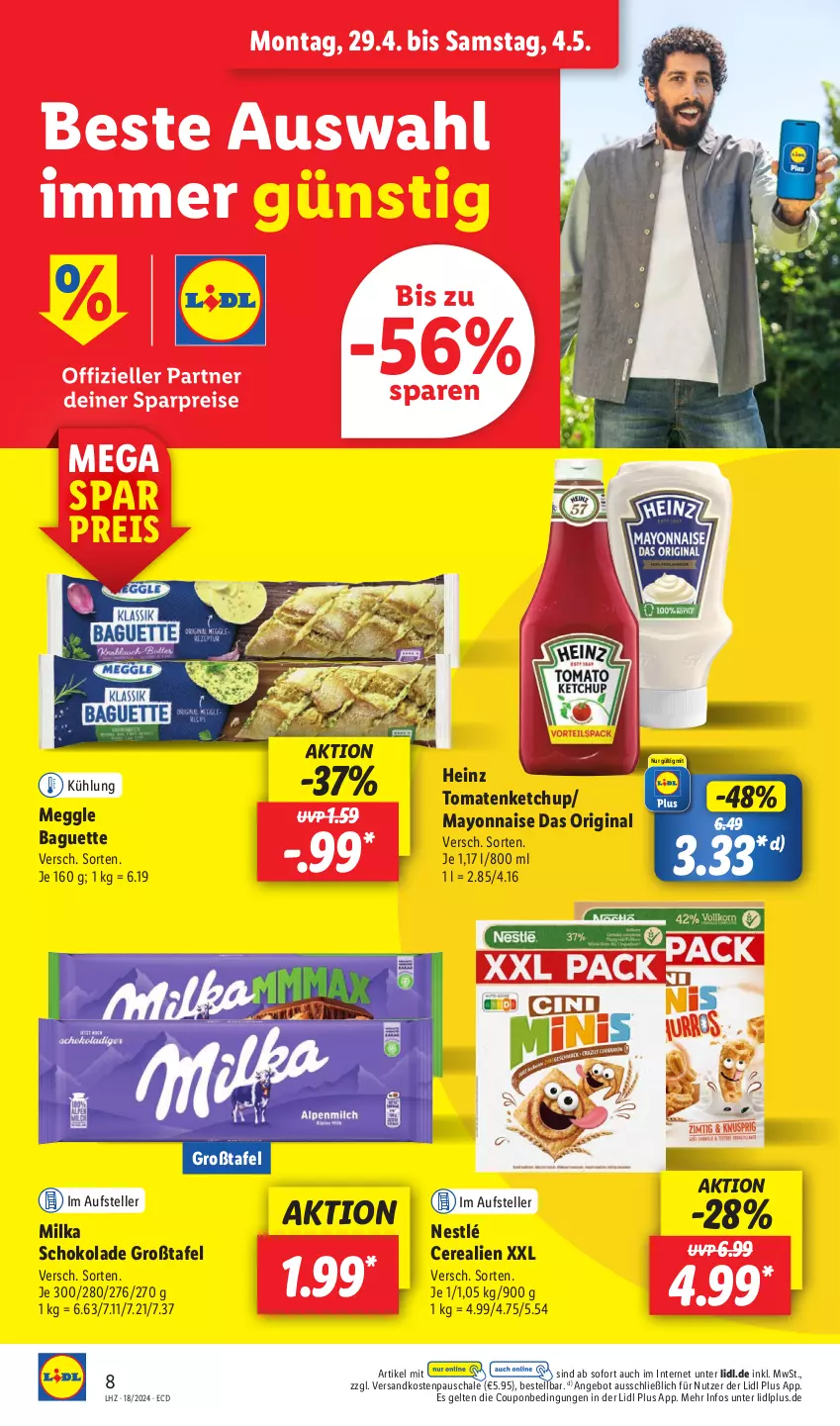 Aktueller Prospekt Lidl - Aktionsprospekt - von 29.04 bis 04.05.2024 - strona 12 - produkty: angebot, baguette, cerealien, coupon, eis, elle, gin, heinz, ketchup, mayonnaise, meggle, milka, milka schokolade, ndk, nestlé, reis, Schal, Schale, schoko, schokolade, teller, Ti, tomate, tomaten, tomatenketchup, Yo