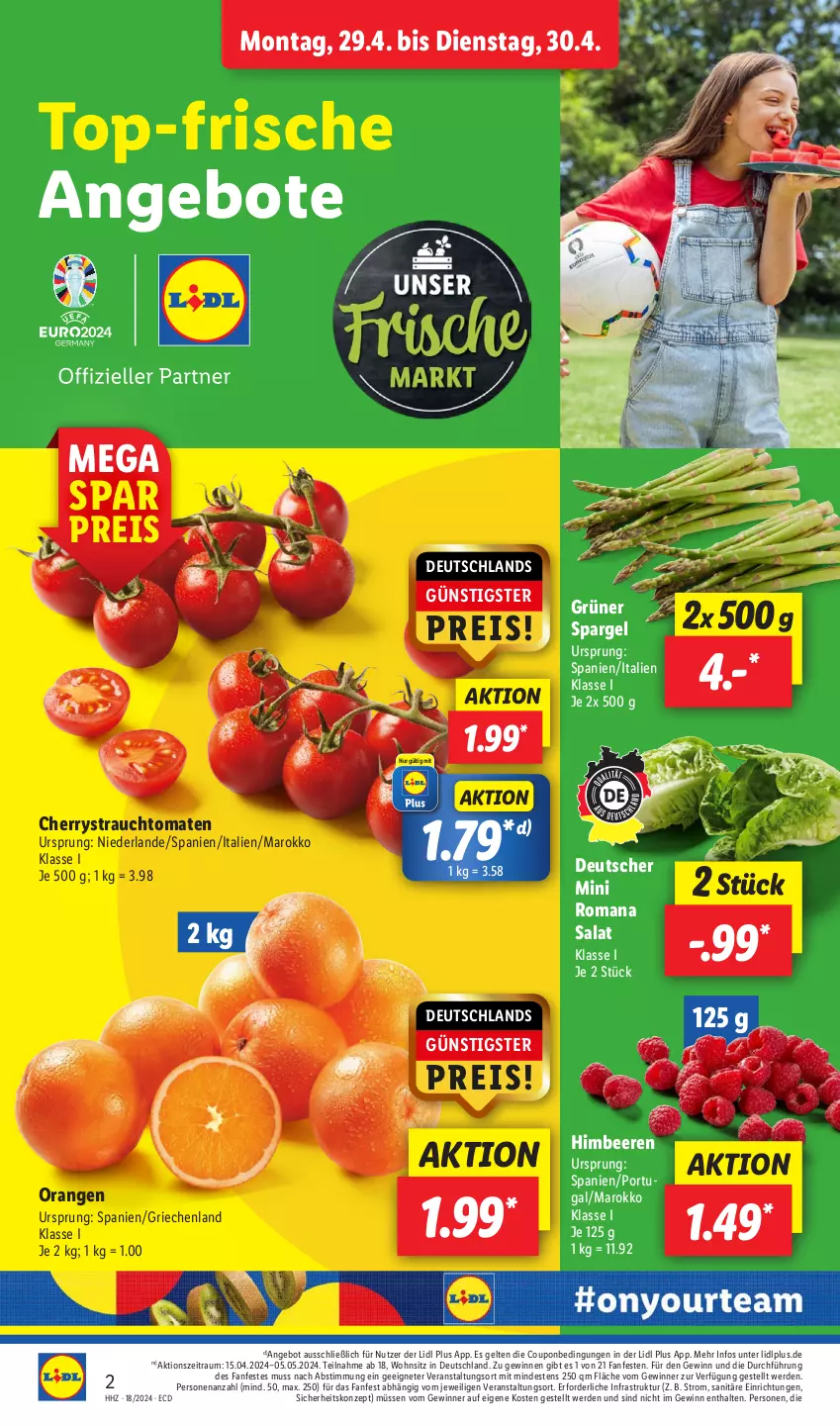 Aktueller Prospekt Lidl - Aktionsprospekt - von 29.04 bis 04.05.2024 - strona 2 - produkty: angebot, angebote, beere, beeren, Birnen, brokkoli, coupon, eis, elle, erde, grüner spargel, himbeer, himbeere, himbeeren, LG, möhren, orange, orangen, Rauch, reis, salat, spargel, strauchtomaten, Ti, tomate, tomaten, trauben