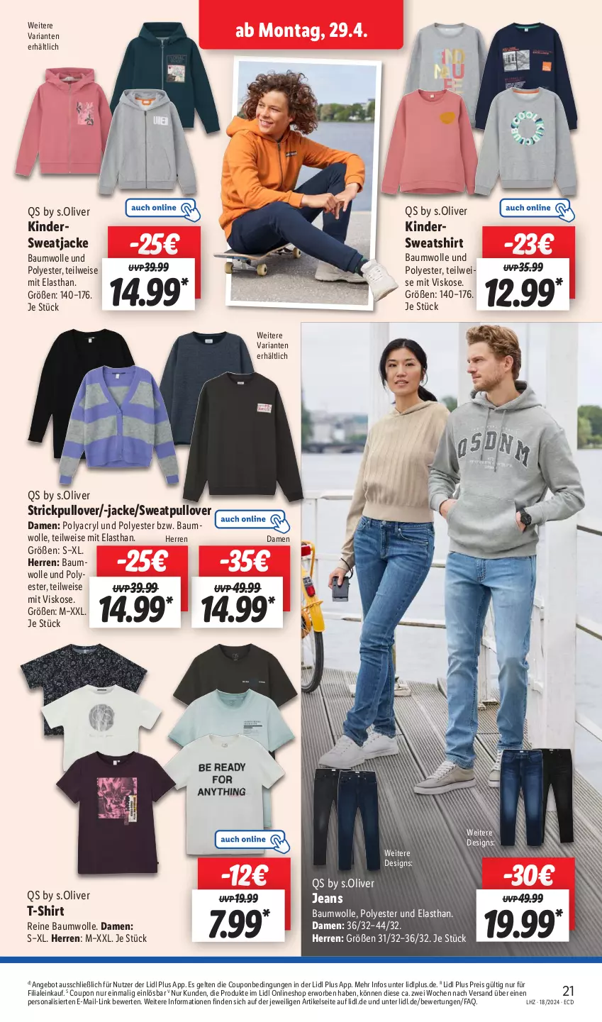 Aktueller Prospekt Lidl - Aktionsprospekt - von 29.04 bis 04.05.2024 - strona 25 - produkty: angebot, Bau, baumwolle, coupon, eis, Jacke, jeans, Kinder, olive, Persona, Pullover, reine baumwolle, reis, Ria, s.oliver, shirt, Strickpullover, sweatjacke, Sweatshirt, T-Shirt, Ti, wolle