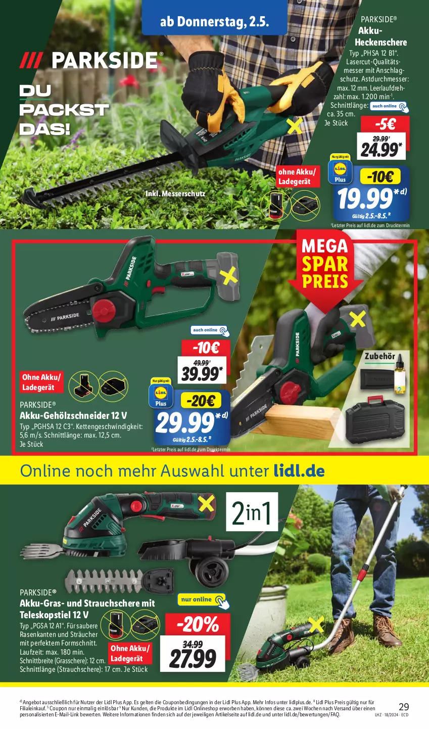 Aktueller Prospekt Lidl - Aktionsprospekt - von 29.04 bis 04.05.2024 - strona 33 - produkty: akku, angebot, Brei, coupon, eis, Grasschere, heckenschere, Kette, ladegerät, messer, Parkside, Persona, rasen, Rauch, reis, Schere, Strauchschere, Teleskop, teleskopstiel, Ti, ZTE