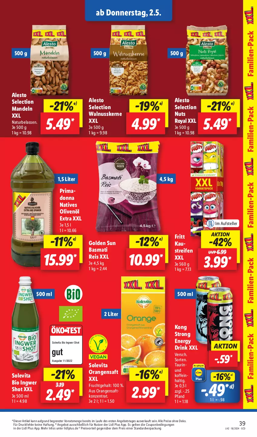 Aktueller Prospekt Lidl - Aktionsprospekt - von 29.04 bis 04.05.2024 - strona 47 - produkty: alesto, angebot, aust, basmati, Basmati Reis, bio, coupon, drink, eis, elle, energy drink, frucht, ingwer, Kaustreifen, mandel, mandeln, natives olivenöl, natur, nuss, olive, oliven, olivenöl, olivenöl extra, orange, orangen, orangensaft, preisvorteil, reifen, reis, saft, teller, Ti, vita, walnuss, walnusskerne, ZTE