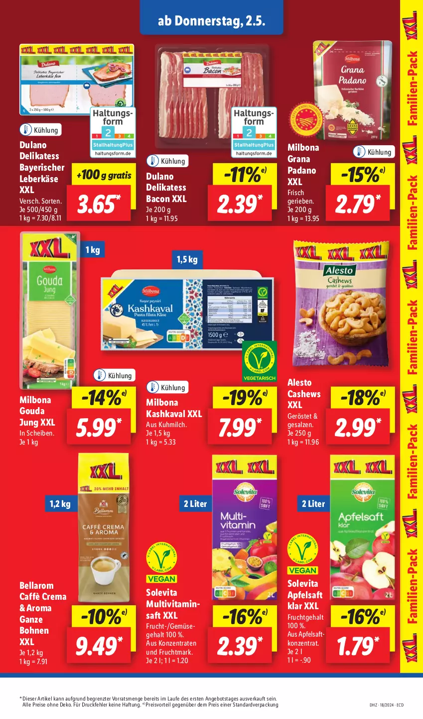 Aktueller Prospekt Lidl - Aktionsprospekt - von 29.04 bis 04.05.2024 - strona 49 - produkty: alesto, angebot, apfel, apfelsaft, bacon, bohne, bohnen, Bona, caffè crema, Cashew, dulano, eis, frucht, Fruchtmark, gouda, gouda jung, grana, grana padano, Käse, Kashkaval, leberkäs, leberkäse, Milbona, milch, Multivitaminsaft, padano, preisvorteil, Rana, reis, saft, salz, Ti, vita, ZTE