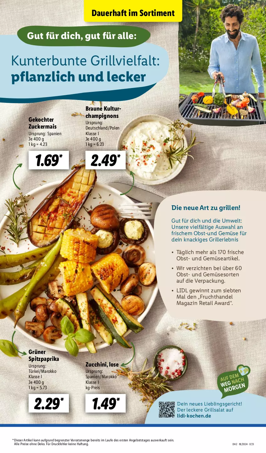 Aktueller Prospekt Lidl - Aktionsprospekt - von 29.04 bis 04.05.2024 - strona 59 - produkty: angebot, auer, braun, champignon, champignons, eis, frucht, grill, magazin, mais, obst, paprika, reis, salat, Spitzpaprika, Ti, und gemüse, ZTE, zucchini, zucker, zuckermais