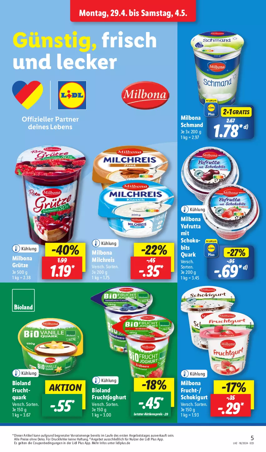 Aktueller Prospekt Lidl - Aktionsprospekt - von 29.04 bis 04.05.2024 - strona 7 - produkty: aktionspreis, angebot, bio, bioland, Bona, coupon, eis, frucht, fruchtjoghurt, grütze, joghur, joghurt, Milbona, milch, milchreis, quark, reis, schmand, schoko, Ti, Yo, ZTE