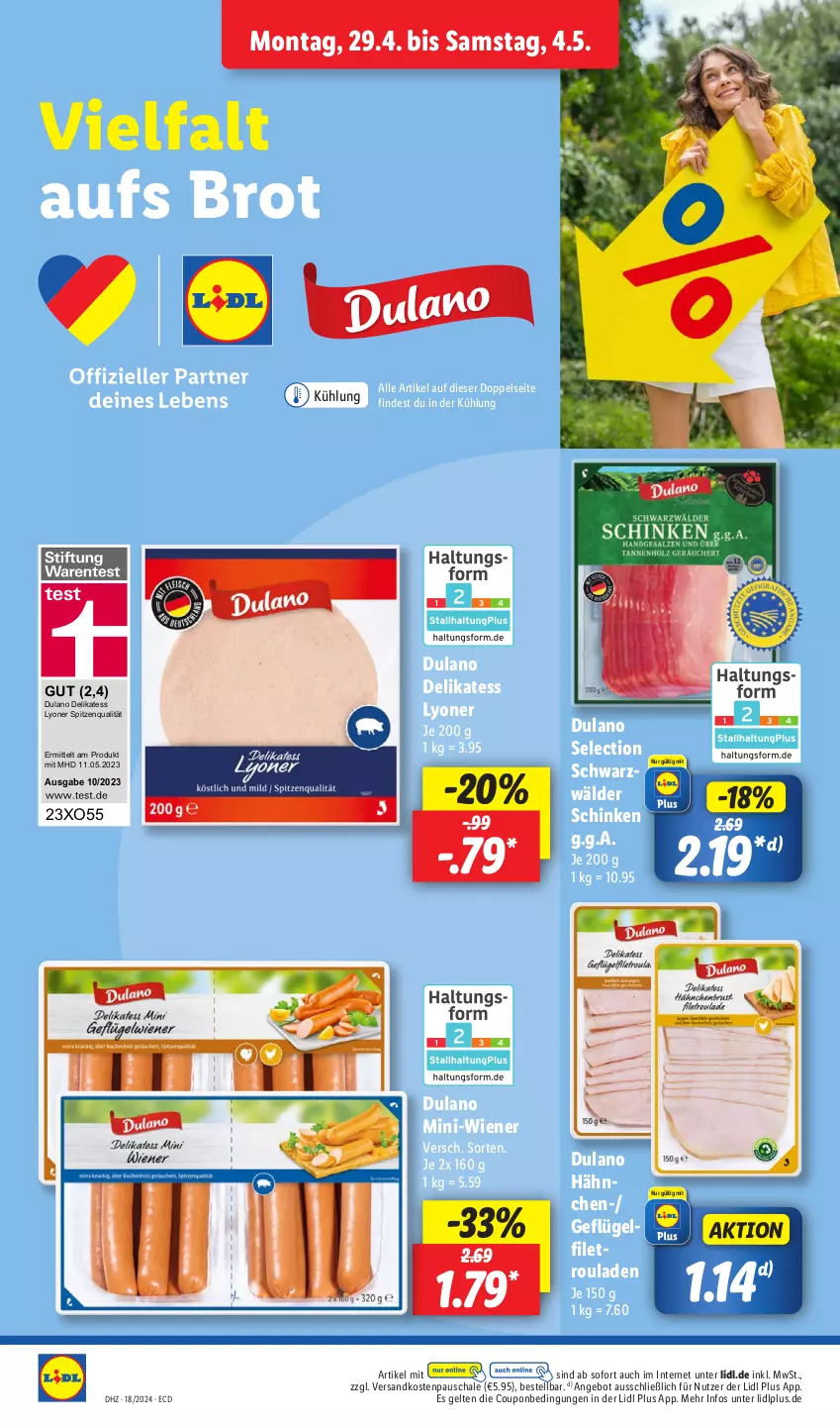 Aktueller Prospekt Lidl - Aktionsprospekt - von 29.04 bis 04.05.2024 - strona 8 - produkty: angebot, brot, coupon, dulano, filet, Geflügel, lyoner, ndk, rouladen, Schal, Schale, schinken, schwarzwälder schinken, spitzenqualität, Ti, wiener, Yo