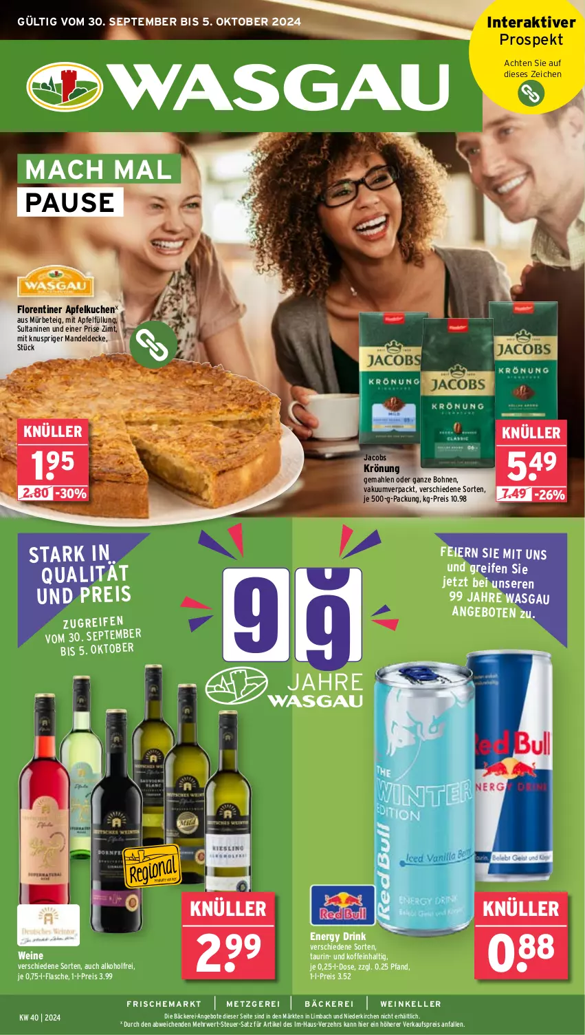 Aktueller Prospekt Wasgau - von 30.09 bis 05.10.2024 - strona 1 - produkty: alkohol, angebot, angebote, apfel, Apfelkuchen, bohne, bohnen, decke, drink, eier, eis, elle, energy drink, flasche, Florentiner, jacobs, jacobs krönung, kuchen, mac, mandel, reifen, reis, rwe, Ti, wein, weine